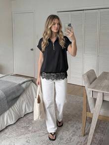 Easowa With Half-Zip Placket, Wide Shoulders, Lace Patchwork, Traceable Cotton Fabric, Casual Relaxed Elegant Commuter Vacation Spring Summer Office Black - Black - View 6