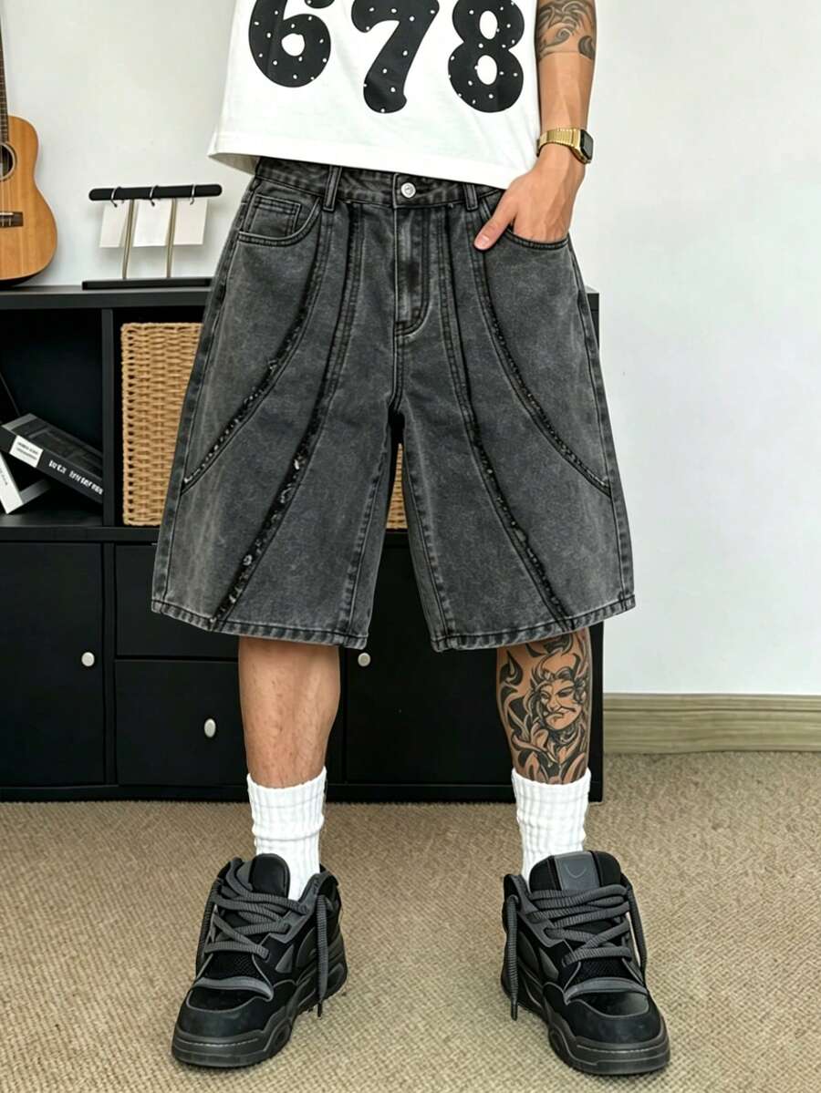 STEELVANCE Men's Streetwear Patchwork Frayed Grey Washed Denim Shorts - Grey - View 1