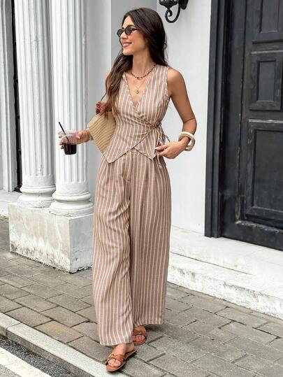 Serisse Women's Vacation Casual Striped Tie Wrap Tank Top & Long Pants 2 Pieces Set