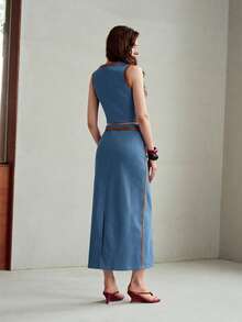 MOTF PREMIUM CONTRAST TRIM SLIT DENIM SKIRT - Medium Wash - View 5