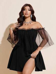 Viva Relle Vestido de línea A con chal de red para mujer de talla grande, sensual y elegante - Negro - Ver 1
