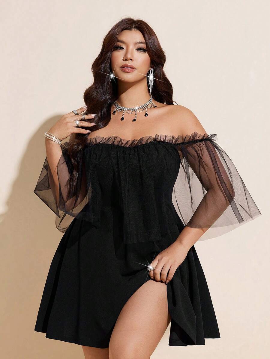 Viva Relle Vestido de línea A con chal de red para mujer de talla grande, sensual y elegante - Negro - Ver 1