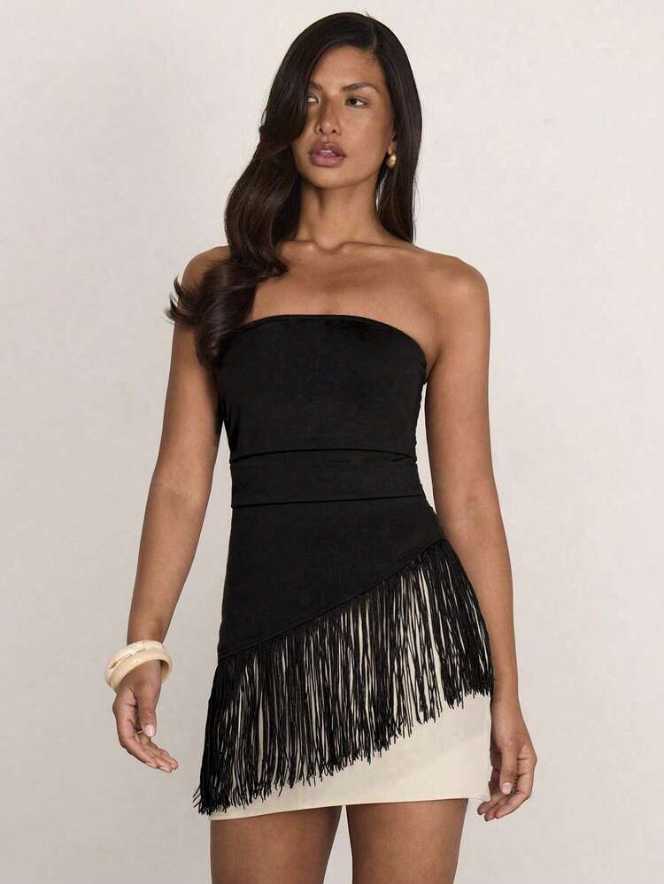 COSMINA Top bandeau ajustado de mujer estilo minimalista de unicolor con dobladillo de borlas para vacaciones de verano - Negro - Añade 2