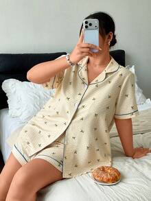 Napfluff CURVE Napfluff CURVE Plus Size Lemon Plaid Print Lapel Button-Front Short Sleeve Shorts Pajama Set - Yellow - View 7