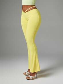BABYPHAT Low Rise Flared Trousers With Rhinestone Logo Strap Detail, Festival Party Pants - Pale Yellow - View 4