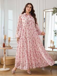 Al Najma Casual Chiffon Floral Print Long Sleeve Tiered Loose Regular Fit Spring Summer Plus Size Women's Arabic Dress - Pink - View 6