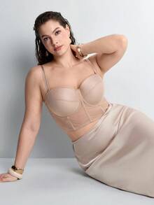 Slumbrini Plus Size Women Beige Mesh Corset Bra - Comfortable Breathable Detachable Strap Design Waist Cincher - Beige - View 11