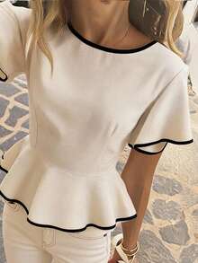 Travachic Summer Women's Round Neck Patchwork Contrast Color Waist-Cinched Tie-Up Woven Top Teachers' Day Brunch Black And White Elegant French - Apricot - View 9