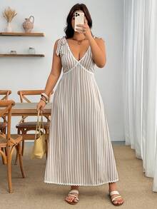 Enliva Plus-Size Sleeveless White Striped Midi Dress, Fashionable Boho Summer Vacation Casual Style. Beach - Apricot - View 5