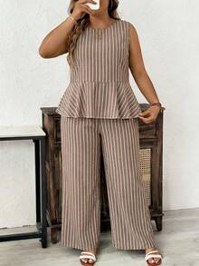 SHEIN LUNE Plus Size Women's Beige Ruffle Hem Sleeveless Shirt And Wide Leg Pants Casual Two Pieces Set Vacation Summer Wedding Guest - Multicolor - View 3