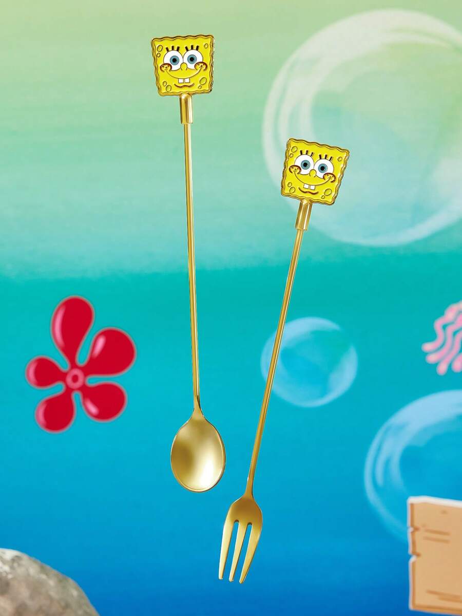 SpongeBob SquarePants | SHEIN Cubiertos Tenedor y Cuchara, Tenedor y Cuchara de Acero Inoxidable 304 - Amarillo - Ver 1