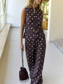 Nöista Polka Dot Wide-Leg Trousers With High Waist For Casual Summer And Vacation Styling - Brown - View 6