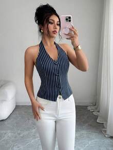 INAWLY 女款無袖條紋西裝領背心上衣 - 寶藍色 - 查看 6
