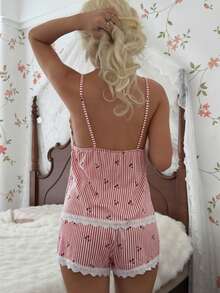 CottageSlumber Women's Romantic Cherry Pattern Lace Decor Pajama Set - Red - View 2