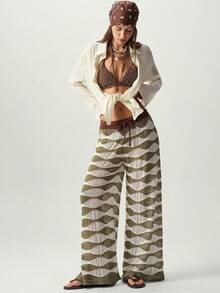 Bohemela Vintage Hollow Out Solid Color Water Ripple Knit Long Pants - Olive Green - View 2