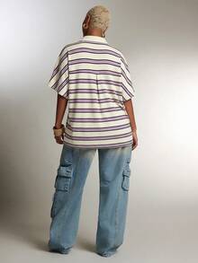 Denimoi Plunge Neck Collared Oversized Striped Polo Top Fashionable Tops - Purple - View 5