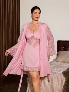 Slumberist Plus Size Women's Light Pink Lace Patchwork Shiny Satin Nightgown Mid-Length Robe 2-Piece Set With Waist Tie, Loungewear Night Autumn - Pink - View 3