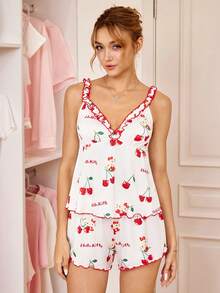 HELLO KITTY AND FRIENDS | SHEIN Women's Cartoon Pattern Print Letter Ruffle Trim Tank Top And Shorts Pajama Set - Red and White - View 3