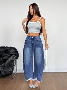 SHEIN PETITE 女款口袋磨損錐形休閒牛仔褲，適合小個子女性 - 深色水洗藍 - 查看 4