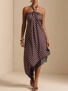 SHEIN LUNE Women's Elegant Retro 90s Vacation Daily Halter Neck Asymmetric Hem Lace Patchwork Dress Party Brown And White Polka Dot Summer - Brown - View 6