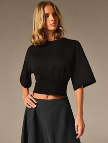 COSMINA Camiseta de mujer de verano casual de unicolor con cintura ceñida - Negro - Ver 2