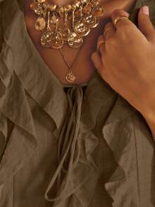 Aralina Ruffled V-Neck Long Sleeve Front Tie Blouse - Chocolate Brown - View 12