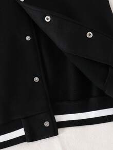 SHEIN Casuvi Kids 男童休閒學院風印花棒球開襟夾克外套，適合休閒、運動、校園穿著 - 黑色 - 查看 6