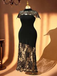Rometta Plus Size Women's Summer Black Lace Strapless Shawl + Bandeau Solid Fabric And Lace Patchwork Bodycon Mermaid Waist Slimming Sexy Elegant Long Dress. Suitable For Casual, Date, Party. - Black - View 3