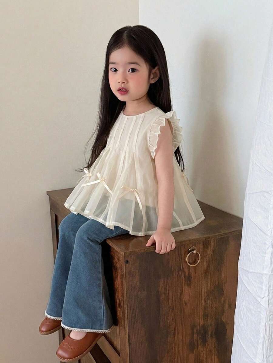 DAZY 嬰兒/幼兒(女童)圓領蝴蝶結韓風清新女孩無袖上衣 - 杏色 - 查看 1