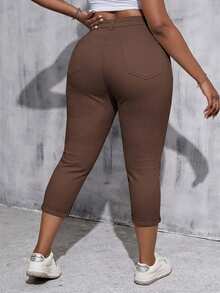 SHEIN Tall CURVE 女款大尺碼白色丹寧彈性緊身九分褲 - 棕色 - 查看 2