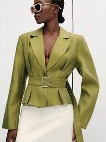 Aveloria Modichic Neue glänzende vielseitige professionelle lässige tragbare Jacke mit Revers, breiten Schultern, tailliertem Gürteldesign, kurz geschnitten, großem Kragen, einfarbigem Blazer in Armeegrün, einreihigem Design, Revers, schmal geschnitten, langen Ärmeln, leichtem Blazerstoff, klassischem Bürostil - Olivgrün - Übersicht 4