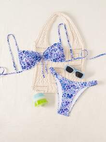 Swim Mod 春夏波點印花比基尼女款海灘度假泳衣 性感雙肩帶泳裝 - 藍色 - 查看 3