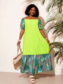 BrightlyHer Vestido de moda a rayas con hombros descubiertos para mujer talla grande para vacaciones - Multicolor - Ver 2