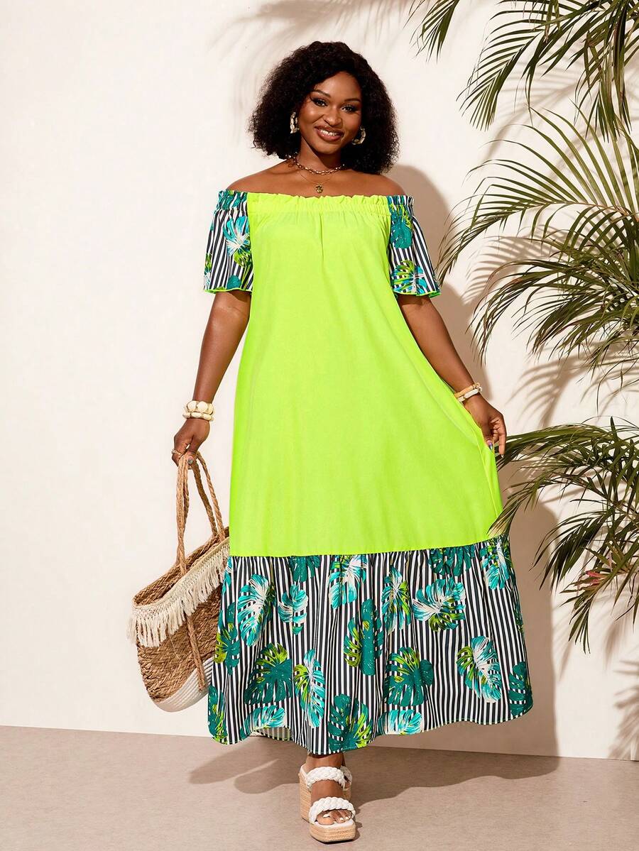 BrightlyHer Vestido de moda a rayas con hombros descubiertos para mujer talla grande para vacaciones