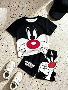 LOONEY TUNES X SHEIN GraphicGems 男嬰圓領卡通印花短袖T恤與短褲休閒日常套裝 - 黑色 - 查看 3