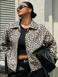 Dazy Plus Jaket Denim Lengan Panjang Kasual Longgar Bergaya Jalanan Motif Leopard Ukuran Plus untuk Wanita, Model Blogger Musim Semi/Gugur, Warna Beige untuk Acara Formal Makan Siang. - Grey - View 7