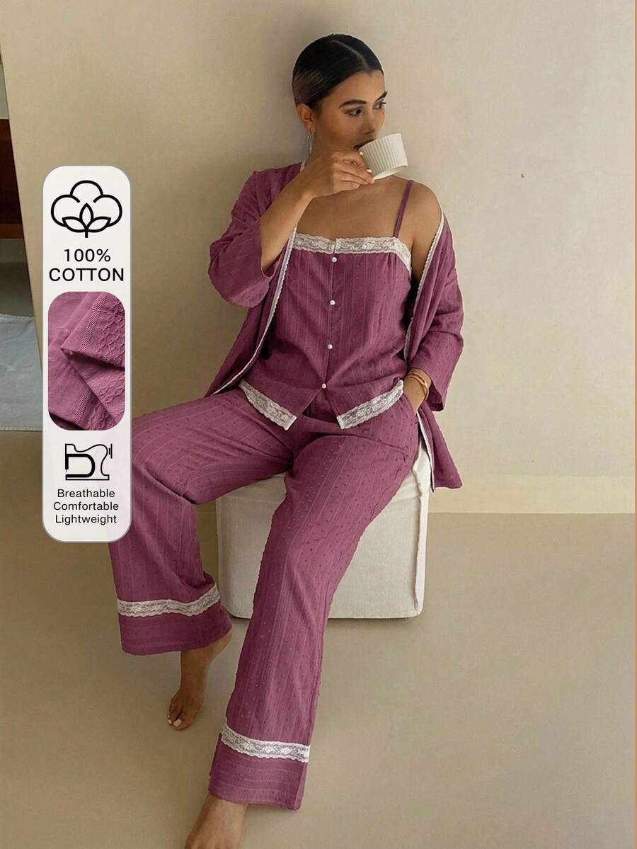 DAZY 3件組度假風紋理波點布料女款睡衣套裝 - 藕粉色 - 查看 1