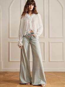 Revavyn Women's Blouse Loose Fit Bubble Sleeve Lightweight Textured Lace V-Neck Ruffle Spliced Edge Front Pleated Detail Elegant Romantic Bohemian White Solid - White - View 6