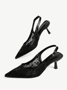CUCCOO CHICEST 女款春夏新款高跟鞋 法式蕾絲刺繡尖頭細跟多色後扣婚禮鞋 - 黑色a - 查看 6