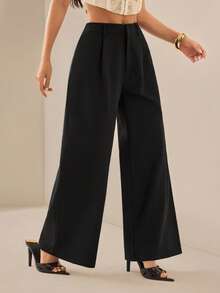 SHEIN PETITE Women's Solid Color Casual Versatile Wide Leg Pants For Daily Wear ,Petite Women - Black - View 4