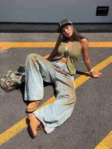 Coolane 女款夏季街頭風外出演唱會 Y2K 牛仔女郎休閒復古水洗寬腿低腰圖案棉質香蕉哈倫褲 - 中等水洗藍 - 查看 3