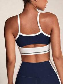 SHEIN BAE Blue And White Contrasting Patchwork Strips Hollow High Waist Women Sports Sets Athletic Two Piece Set Navy Workout Set Sports Bra And Shorts Set Yoga Set Shorts Two Piece Set Women Workout - Navy Blue - View 7
