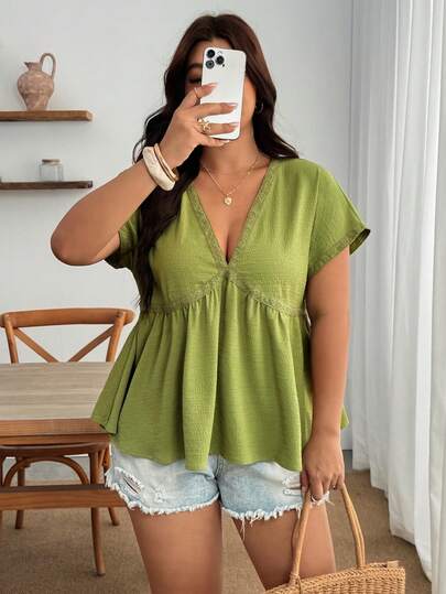 Enliva Plus Size Women's Casual Vacation V-Neck Lace Trim Lantern Sleeve Loose Blouse, Elegant Summer Vacation Outfit, Women's Top, Suitable For Daily, Casual, Vacation Wear