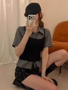 DAZY 女款層次感掛脖短袖T恤性感休閒波希米亞優雅高級法式復古修身2件套夏季校園黑色 - 黑色 - 查看 6