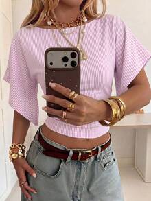 SHEIN EZwear 休閒極簡風 1064 粉色細條紋滿版印花 95% 棉針織女款 T-shirt，適合春夏季 - 彩色 - 查看 5