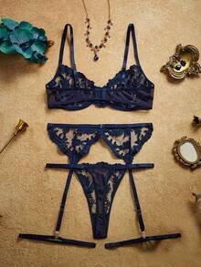PinupPomp Conjunto de 4 piezas de lencería sexy azul para mujer - Azul Marino - Ver 2