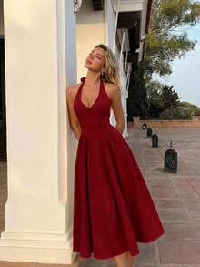 Skyraze Women's Solid Color Halter Neck Fashion Elegant Dress - Burgundy - View 2