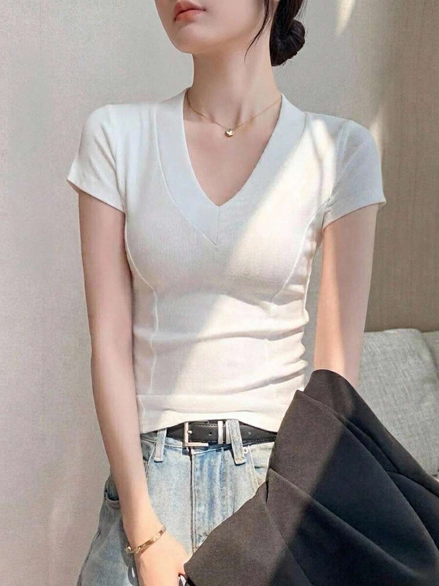 Feyla New French Style V-Neck Boning Short Sleeve Minimalist Modest Inner Layer Slimming Fitted Solid Color Versatile Top T-Shirt Office White Summer
