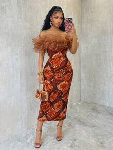 SHEIN Women's Elegant Brown Off-Shoulder Ruffle Print Maxi Dress, Slim Bodycon Back Slit Ankle-Length Gown, Exotic Occasion Wear For Party Banquet Date. - Brown - View 7