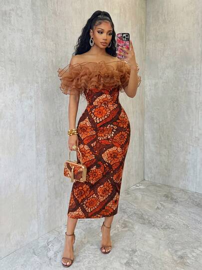 SHEIN Women's Elegant Floral Mesh Bandeau Bandeau Spliced Satin Dress, Spring/Summer Luxury Women's Clothing, Birthday Dress, Evening Gown, Latest Apparel